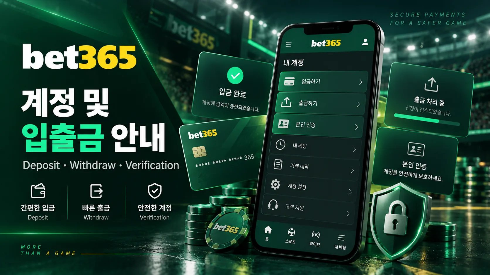 bet365 계정 입금, 출금, 본인 인증 화면
